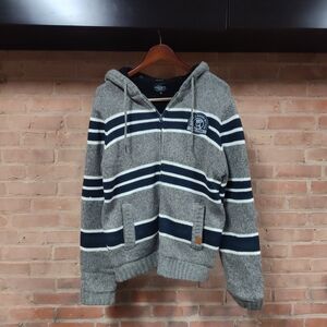 Men's Gray and Navy Blue Striped Sweater
